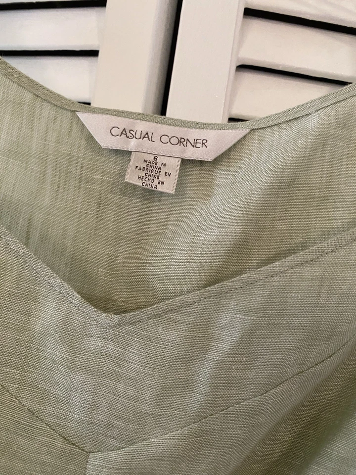 Top de esquina informal para mujer 6 babydoll verde lino sin mangas Cottagecore Beachy Foto 3 de 4