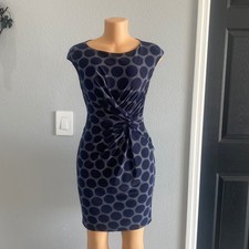 Lauren Ralph Lauren Navy Blue Polka Dot Twist Waist Sheath Dress Petite 4P