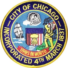 CITY OF CHICAGO SEAL PATCH: Blue Border, Size 4" - Large