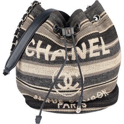 Chanel Woven Fabric Deauville Drawstring Bucket Crossbody Bag Coco CC Tasche