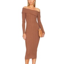 NBD Brown Ribbed Knit Midi Dress XS Off Shoulder Marlow Bodycon Revolve $198 NEW