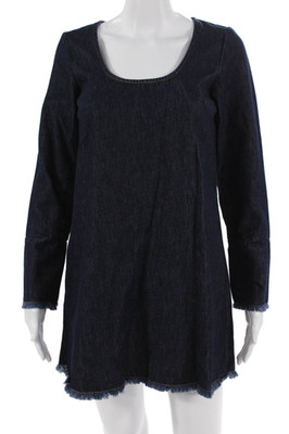 Aligne Women Shift Shirt Dress Dark Blue Long Sleeve Button Cotton Size 0