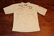 Boy Scouts of America BSA Youth Shirt Tan Medium Sewn Patches Short Sleeve