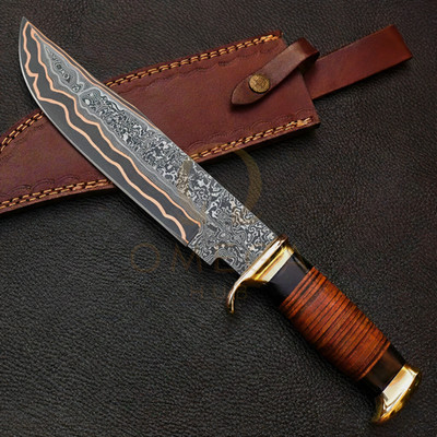 Handmade Copper Damascus Crocodile Bowie Knife with Leather Sheath
