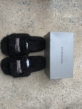 Balenciaga Men  s Black Faux Fur Logo Slide Slippers Open Toe EU 44