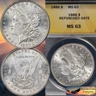 1886 Morgan Silver Dollar, Repunched Date, ANACS MS63, Bright White, Nice, C8481