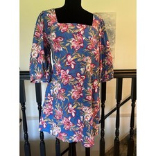 A New Day Blue Floral Cotton Linen Square Neck Puff Sleeve Mini Dress L NEW