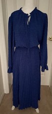 Pretty Garden Whimsical Maxi Boho Blue Dress, Pleated Bottom V Neck Lg 