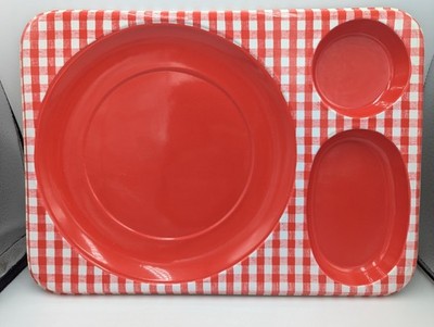 Set Of 12 Vintage Retro Red & White Gingham Picnic Hard Plastic Serving Trays