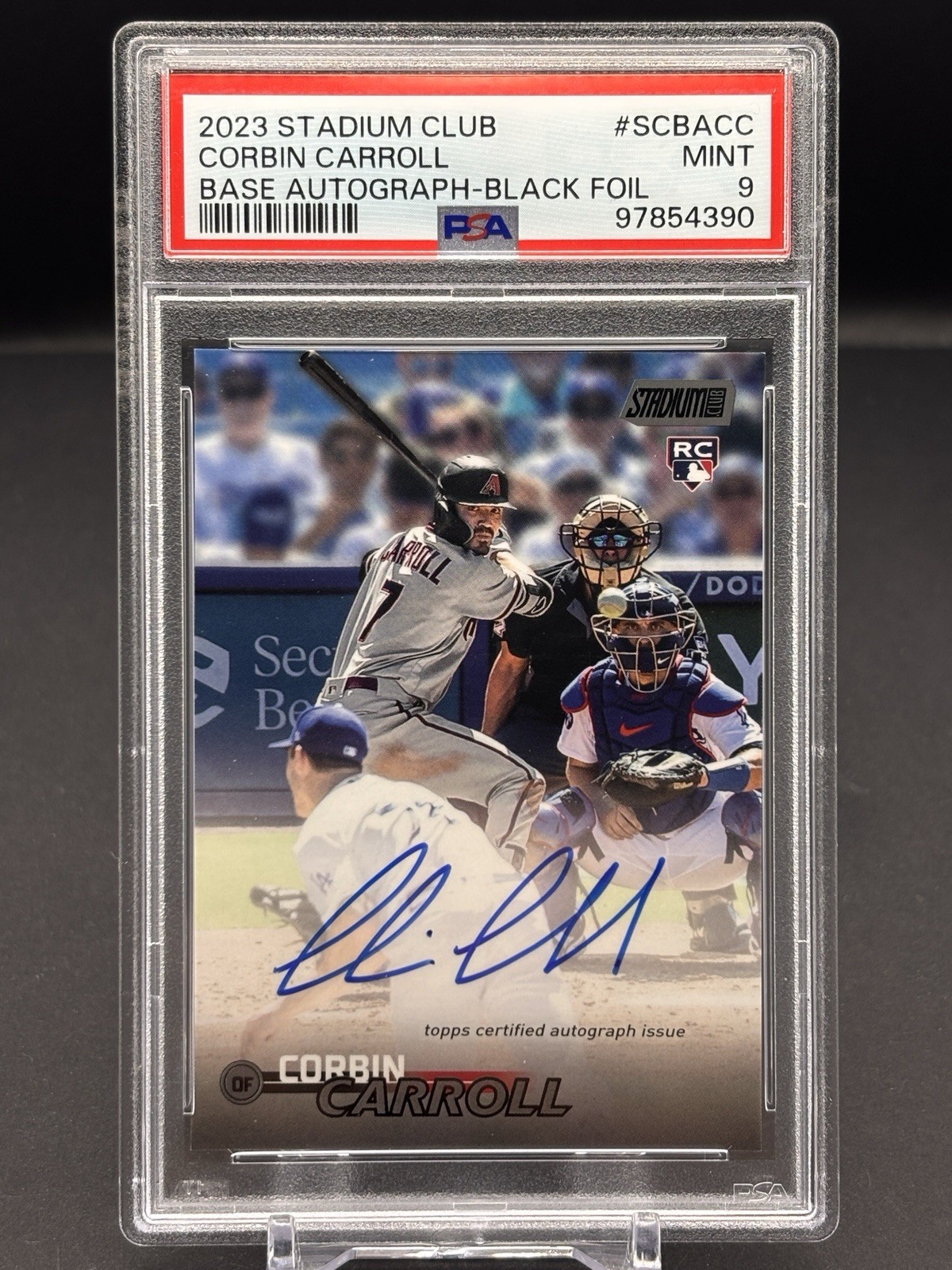 2023 Topps Stadium Club Corbin Carroll RC Auto Black Foil 7/25 JERSEY # PSA 9