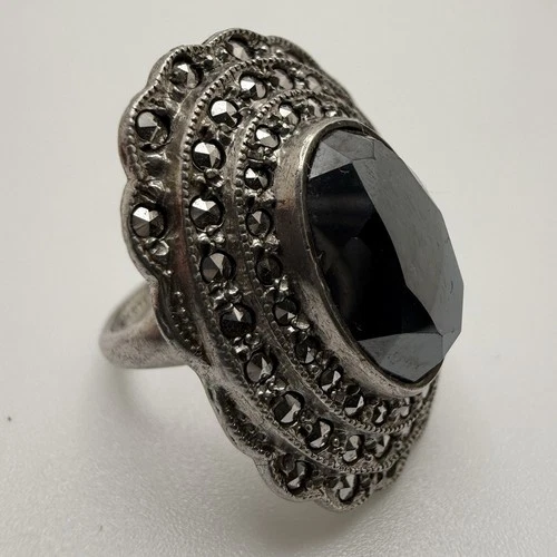 Vintage Black Onyx & Marcasite Sterling 925 Silver Ladies Ring Finger Size 9