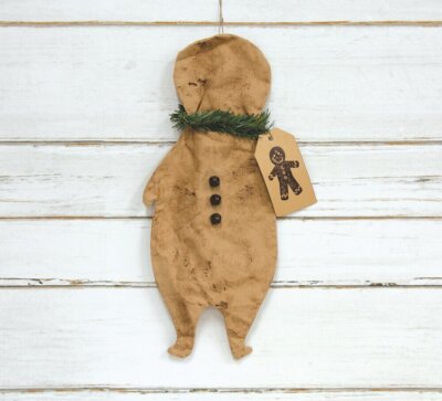 Primitive Christmas Flat Fabric Gingerbread Man with Tag Hanging Ornie
