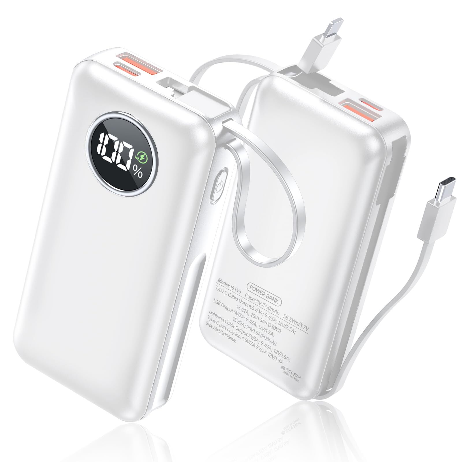 15000mAh Power Bank with Built-in Cables for Fast Charging