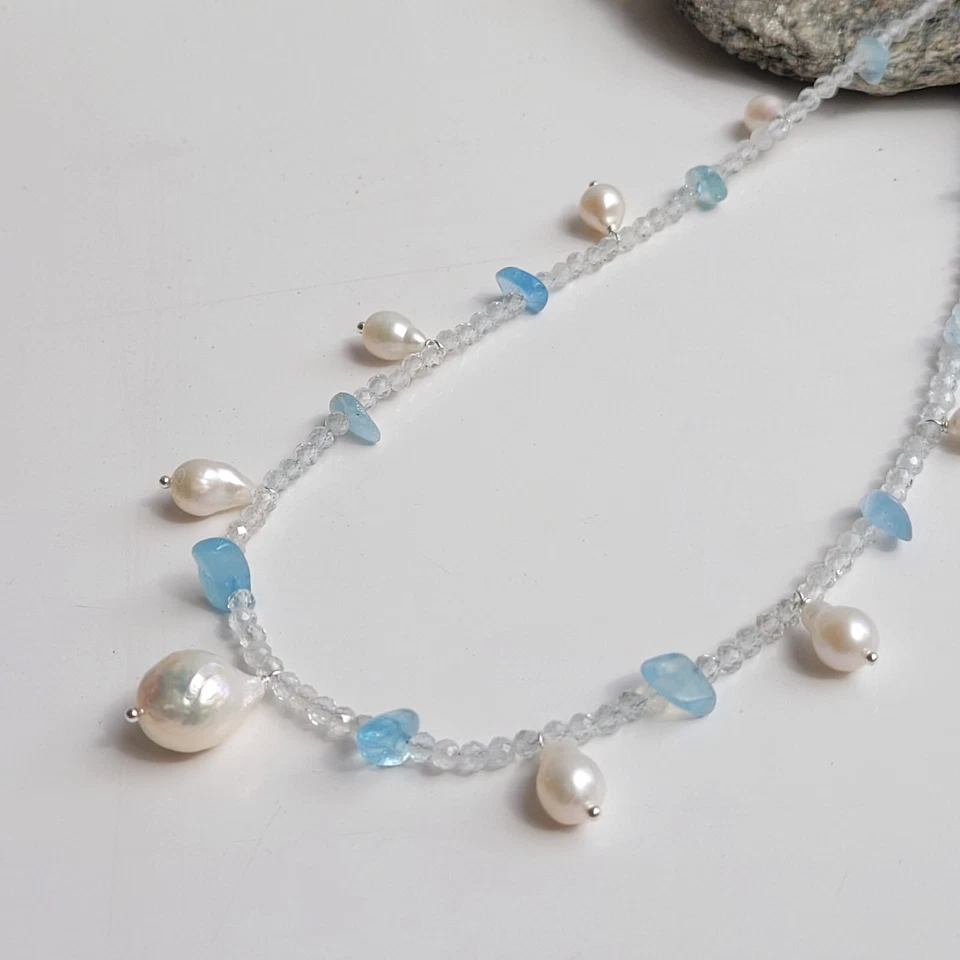 collier argent perles de culture baroque pierre précieuse aigue-marine topaze - Photo 4/4