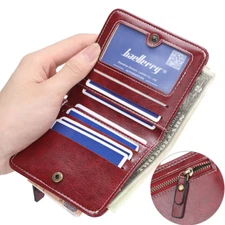 Women's Small Wallet Compact Bifold Leather Purse Card Case Purse with ID Window