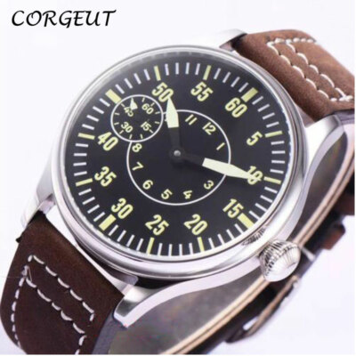 44mm CORGEUT SS Case Wristwatch 6497 Hand Winding Movement Black