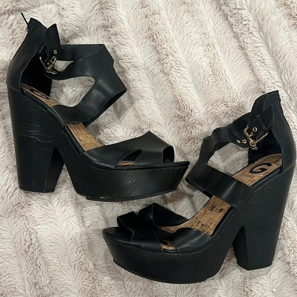 G by Guess Passage Strappy Cork Wedge Sandal Platform Heel Shoe Black 9.5 - Image 2 of 4