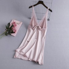 Femme Satin Dentelle Sommeil Robe de Nuit Nœud Col V Sexy Lingerie Pyjama Chic