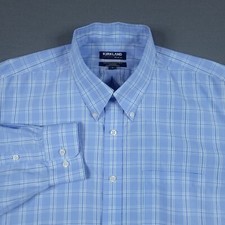 Kirkland Men's No-Iron Button-Down Long Sleeve Shirt Blue Plaid Size 17-34/35 XL