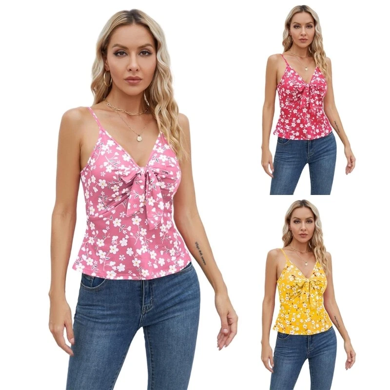 Women V Neck Cami Peplum Top Spaghetti Straps Sleeveless Floral Tops