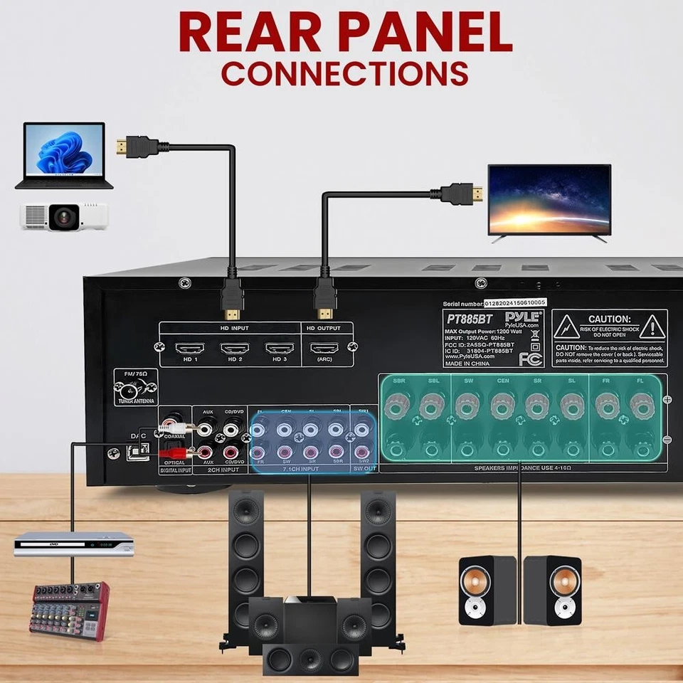 Pyle Hi-Fi Wireless BT Home Theater Receiver - 7.2 Channel w/ 1200W MAX - Image 3 of 4