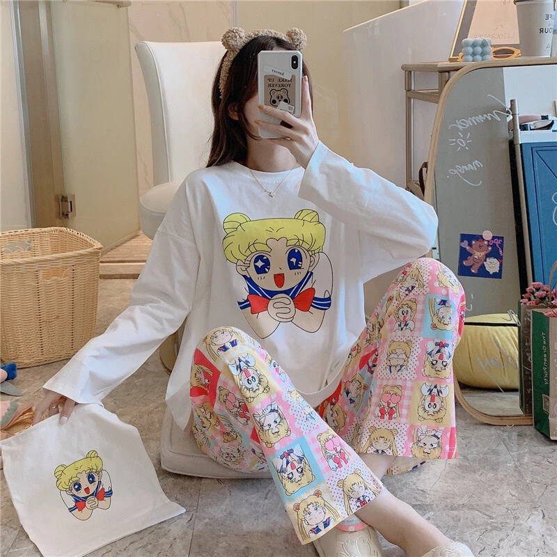 Anime Sailor Moon Pajamas Cotton Long Sleeve Pant Set Sleepwear Cute Girl  Women