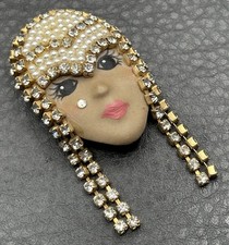 Vintage Porcelain Flapper Face Brooch Rhinest...