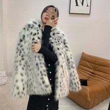New Faux Fox Fur Coat Women's Mid length Leopard Print Coat