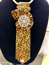 Women's Leopard Animal Print Neck Tie with Rhinestone Brooch, One Size