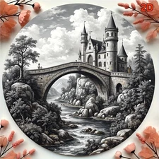 2D Flat, 8x8 Inch Round Aluminum Sign - Vintage Castle & Bridge Landscape Wall A