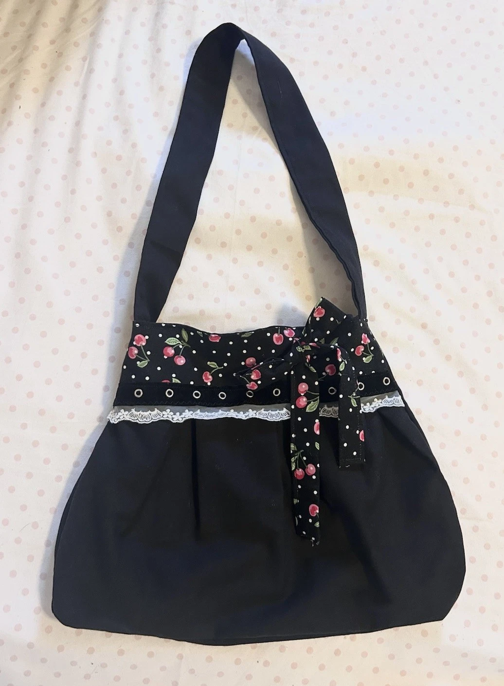 Handmade Women’s Black Shoulder Bag Cherry Polka Dot, Bow Grommet & Lace Trim