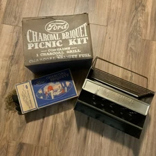 Vintage 1938 FORD Charcoal Briquet Picnic Kit Grill with Briquet Box & Briquets