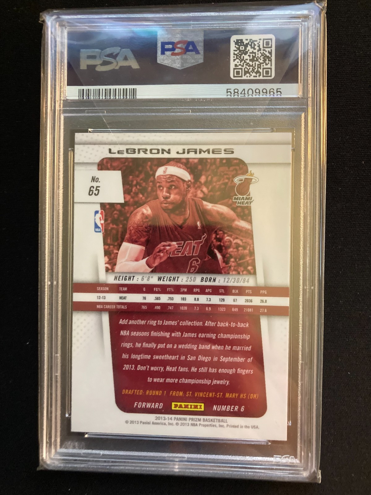 2013-14 Panini Prizm Basketball LeBron James Card #65 Miami Heat MVP PSA 8 view 2