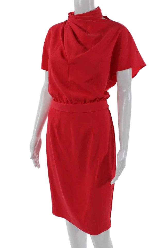 Black Halo Womens Sheath Dress Red Mock Neck Short Sleeve Knee Length Size 2 - Image 2 of 4