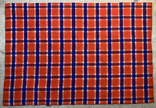 Vintage Wool Blanket Throw Americana Plaid Ivory Red Blue Lodge Fringeless 77x53