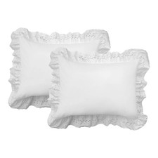 Ruffled Bed Pillow Shams with Embroidered Eyelet Detail, King, White, 2-Pack