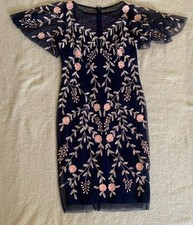 Adrianna Papell Floral Beaded Dress Sheer Flutter Sleeves Navy Blush Sz 8