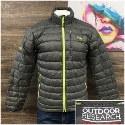 Outdoor Research Transcendent Down Sweater Jacket Mens Medium Gray Lime 57553