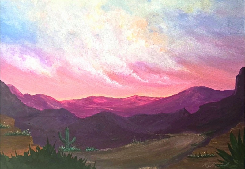 Impressionist Unframed Landscape Painting - Desert Mountain Sunset Sky