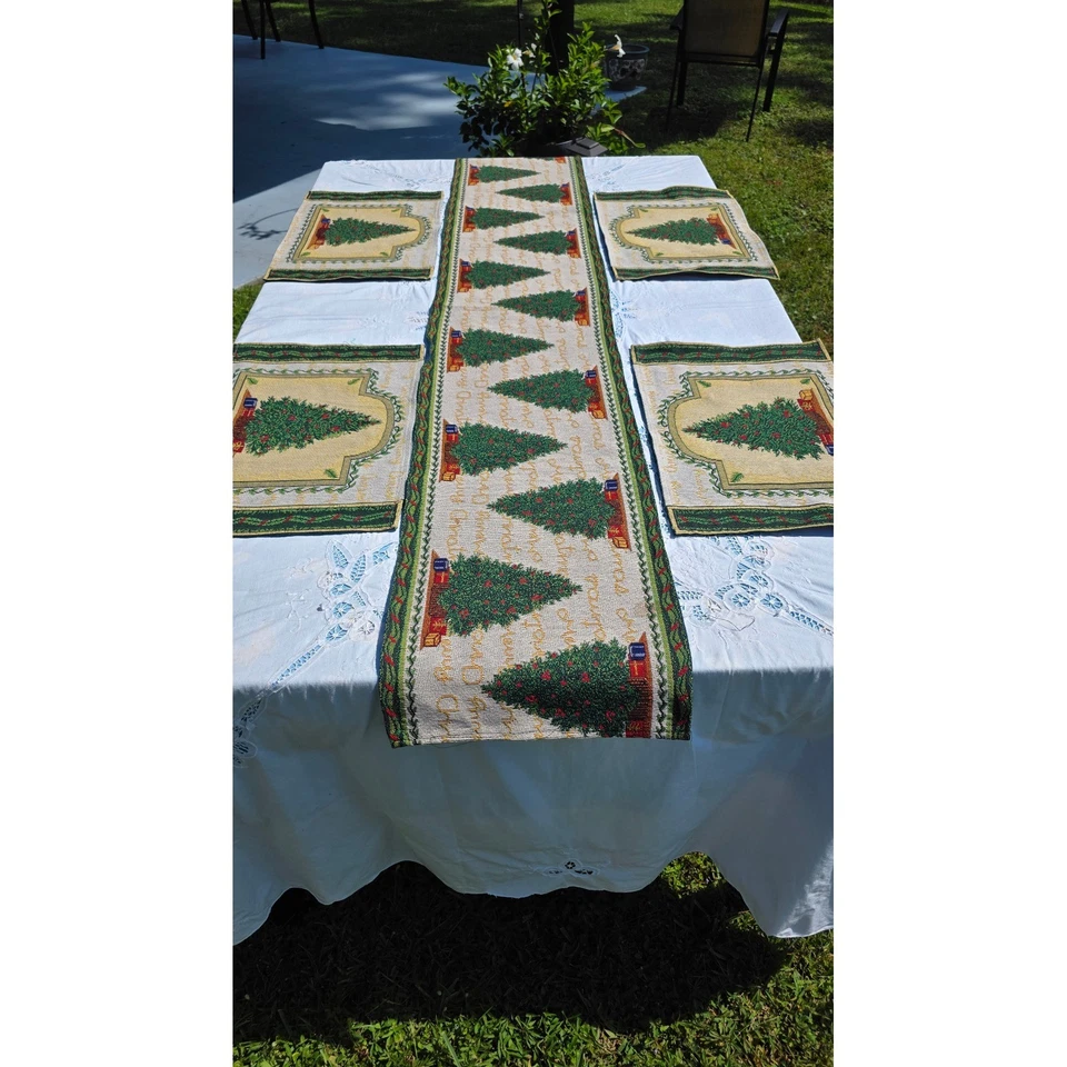 Juego de mantel y corredor de mesa de Navidad, diseño de árbol de vacaciones, decoración festiva Foto 2 de 4