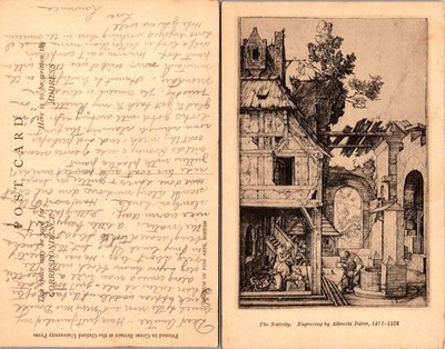 Albrecht Durer The Nativity Postcard Vintage Art Engraving 1471-1528 Written