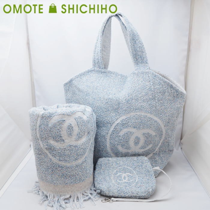 CHANEL Light Blue Cotton Beach Bag Towel Pouch Set of 3 Tote Blanket