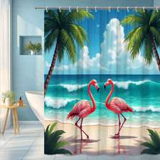 Flamingo Beach Shower Curtain Tropical Palm Ocean Coastal Scene