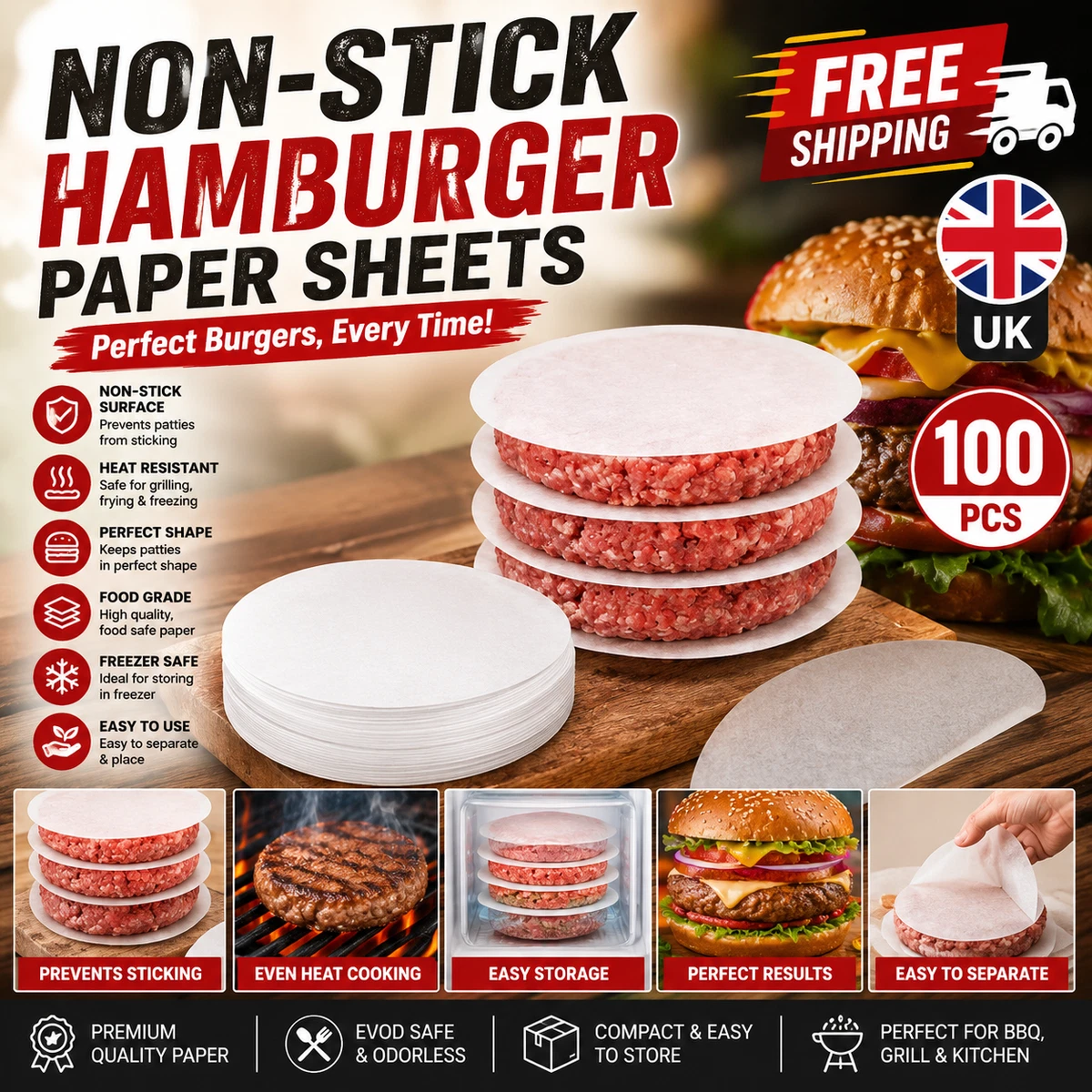Hojas de papel antiadherentes para hamburguesas prensa de hamburguesas papel de aceite para hornear galletas 100 un.