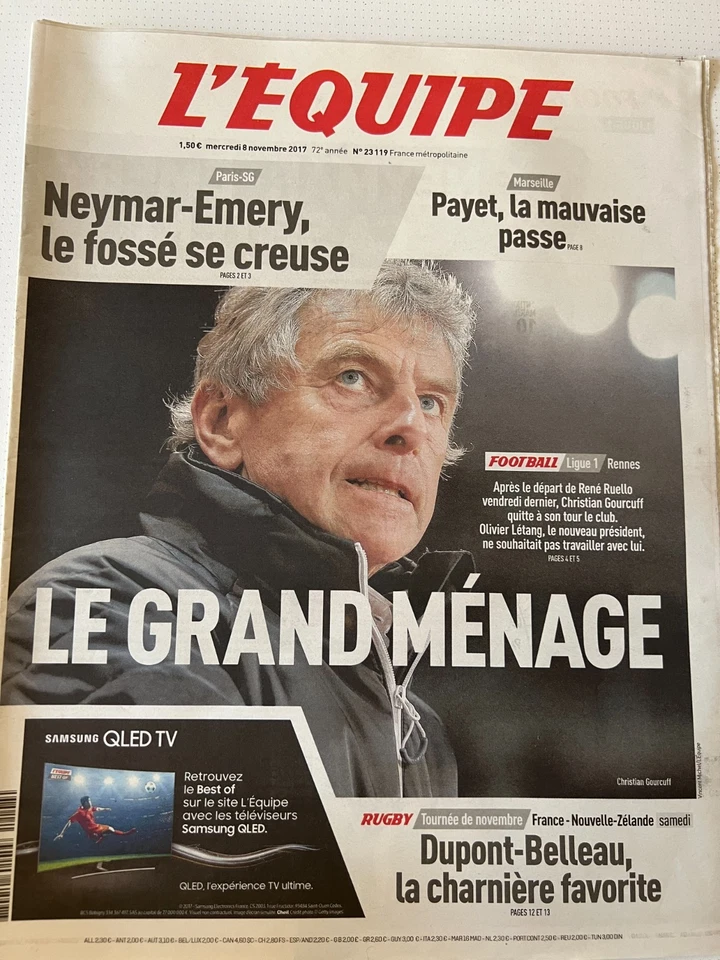 b)L'Equipe Journal 8/11/2017; Neymar-Emery/ Payet/ Rennes le ménage/ Garcia Caro - Photo 1/1