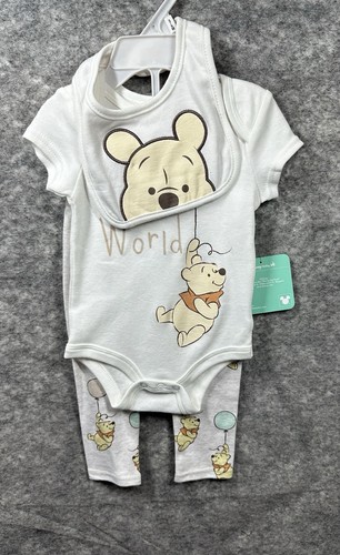 Disney Winnie The Pooh Bodysuit Leggings Bib 3-6 Months Boy Girl White Beige New