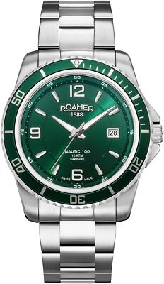Roamer 862844 41 75 20 Nautic 100 green silver Stainless Steel Men's Watch NEW