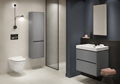 Badmöbel Set Waschbecken-Unterschrank CREA 100cm mit Hochschrank 140cm Grau Matt