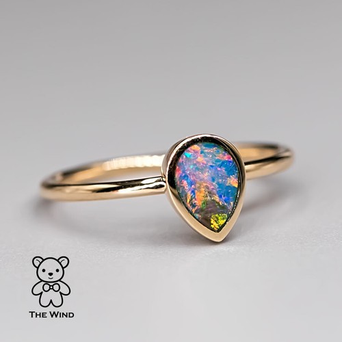 Geometric Pear Shaped Australian Doublet Opal Engagement Wedding Ring 14K Yellow - Picture 2 of 11