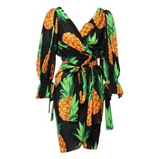 DOLCE & GABBANA Dress Black Pineapple Print Silk Wrap Mini IT38/US4/XS 2780usd